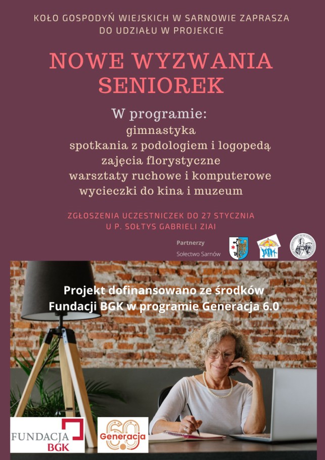 Plakat - Nowe wyzwania Seniorek - Koło gospodyń wiejskich w sarnowie zaprasza do udziału w projekcie.